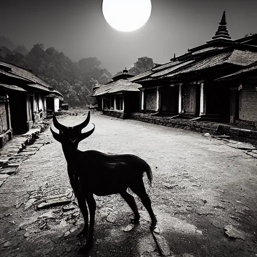 Prompt: a mythical demon roaming a village in nepal at night, very scary photo, moonlit