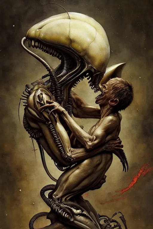 Image similar to xenomorph and david | esoteric symbolism | jean - baptiste monge, esao andrews, bastien lecouffe - deharme, tim jacobus, ken currie | ultra - detailed realism, soft cinematic lighting, hi - fructose, artstation, high - quality, ink watercolors wes anderson poster art