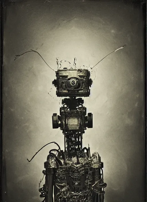 Image similar to old wetplate daguerreotype portrait of futuristic robot, dubbel negative exposure, explosion of data fragments, fractal, intricate, elegant, highly detailed, parallax, leica, medium format, subsurface scattering, by jheronimus bosch and greg rutkowski and louis jacques mande daguerre