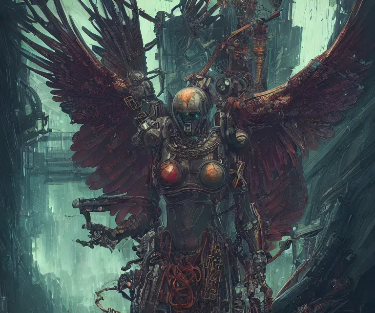 Image similar to a beautiful tarot card artwork of a cyberpunk fallen dark seraphim, horror, backlit, gloomy sky, highly detailed, digital painting, scales, by eddie mendoza and greg rutkowski and dan mumford and artgerm, vivid colors, masterpiece, detailed shading, 8 k resolution, intricate, smooth