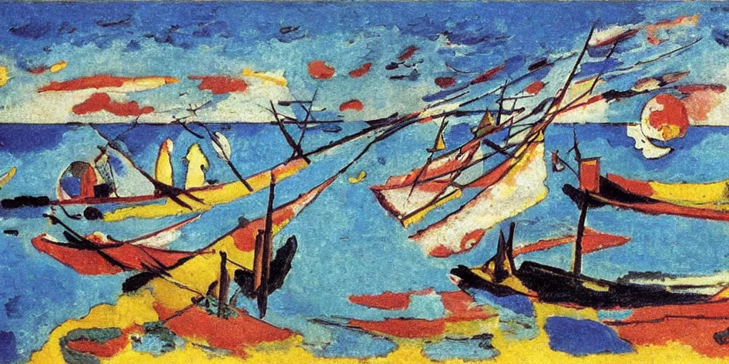 Image similar to rising sun ( ( ( fishing cormorant, fishing boat ) ) ) on the naples bay, by kandinsky