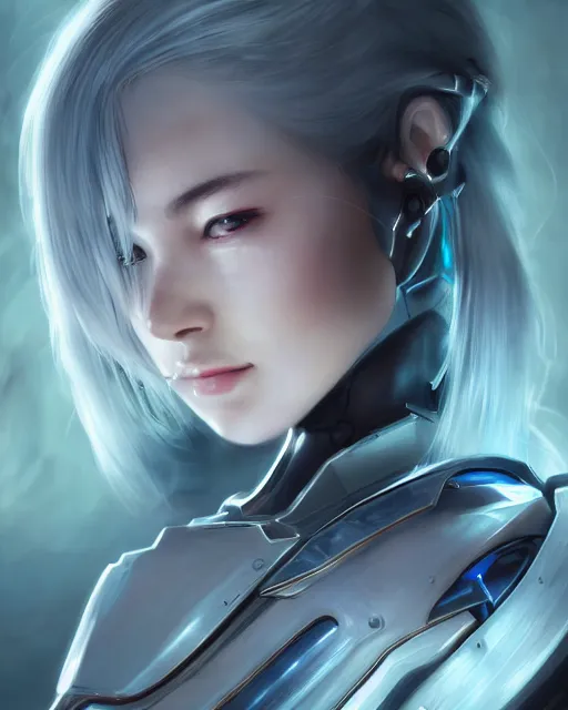 Image similar to detailed portrait of perfect android girl, warframe armor, beautiful face, scifi, futuristic, space station, laboratory, song hye - kyo, dreamy, long white hair, blue cyborg eyes, cinematic lighting, innocent, highly detailed, sharp focus, smooth, artstation, intricate, award winning, pure aura, divine, by akihiko yoshida