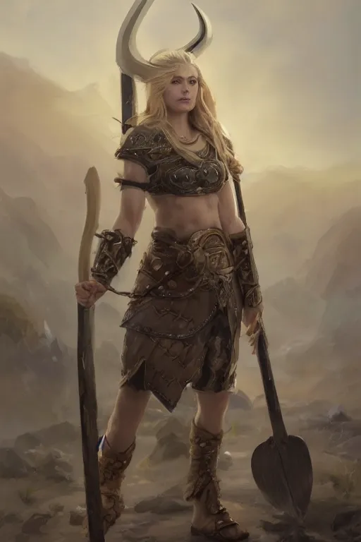 Prompt: ultra detailed powerful female viking, blond long hair, green eyes, axe, battle ready, sharp bone structure, extremely detailed digital painting, in the style of fenghua zhong and ruan jia and jeremy lipking and peter mohrbacher, mystical colors, rim light, beautiful lighting, 8 k, stunning scene, raytracing, octane, trending on artstation