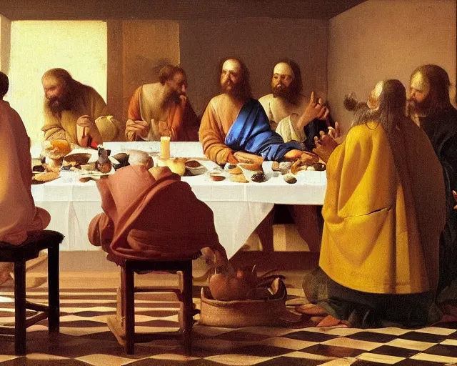 Image similar to beautiful glorious realistic oil painting of the last supper, baroque style by vermeer, highly detailed and photorealistic, 8 k high detail and intricate