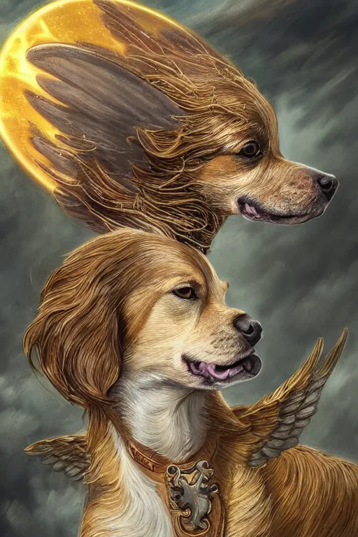 Prompt: God had dog Chihuahua's head, a radiant halo and wings, detailed face, gorgeous, flowing hair, very muscular male body, partial anatomy, stormy and grand war scene, delicate and intricate borders for decoration, caesar victorious, proud Emperor, split lighting, character close-up, intricate, highly detailed, 8K, digital painting, fantasy, concept art, sharp focus, art by greg rutkowski beeple and alphonse mucha