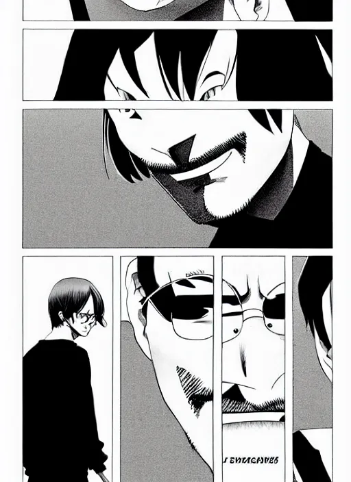 Image similar to steve jobs manga, final page, by katsuhiro otomo and hiroya oku and makoto yukimura