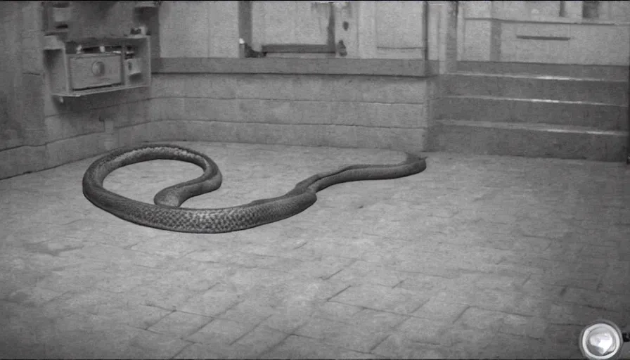 Image similar to several big snakes in a stalinist style kitchen, by mini dv camera, very very low quality, heavy grain, very blurry, accidental flash, webcam footage, found footage, security cam, caught on trail cam