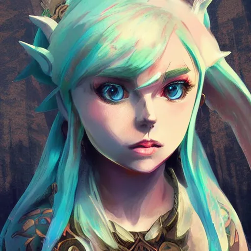 Image similar to kerli koiv in the art style of breath of the wild, grimdark dramatic lighting, digital art, intricate, highly detailed, matte painting, fine art