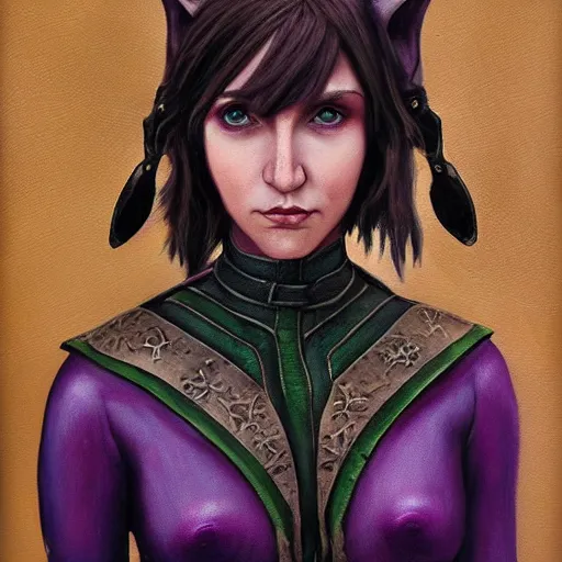 Image similar to oil painting a female medieval fantasy tolkien elf, dark purplish hair tucked behind ears, wearing leather with a fur lined collar, wide face, muscular build, scar across the nose, cinematic, character art, l, detailed.