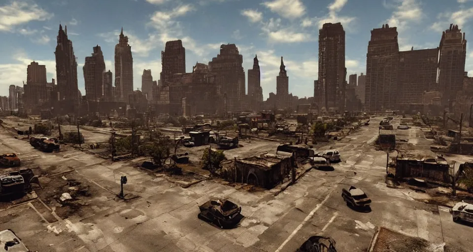 Prompt: wide angle shot of dilapidated fallout 5 new york city in real life, desolate with zombirs, dilapidated, empty streets, nightmarish, some rusted retro futuristic fallout vintage style parked vehicles, sunny weather, few clouds, volumetric lighting, photorealistic, daytime, autumn, sharp focus, ultra detailed, cgsociety