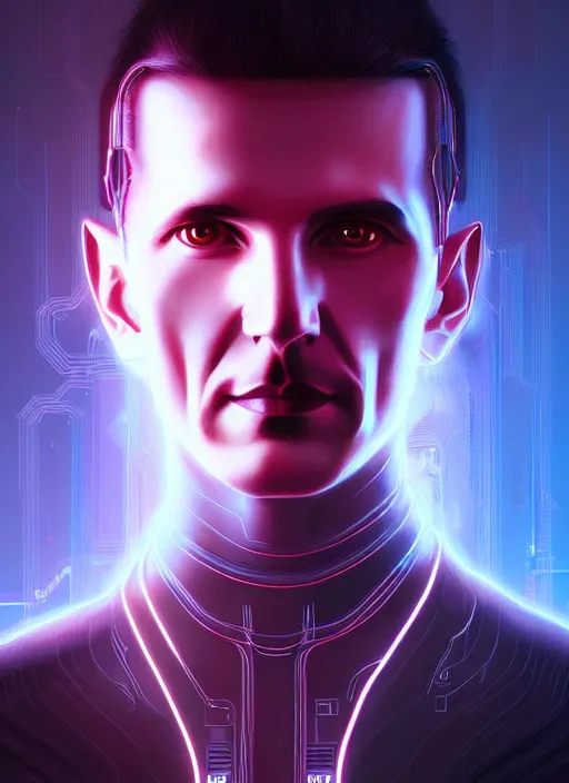 Image similar to portrait of nikola tesla cyber humanoid, intricate, elegant, cyber neon lights, highly detailed, digital painting, artstation, glamor pose, concept art, smooth, sharp focus, illustration, art by artgerm and greg rutkowski