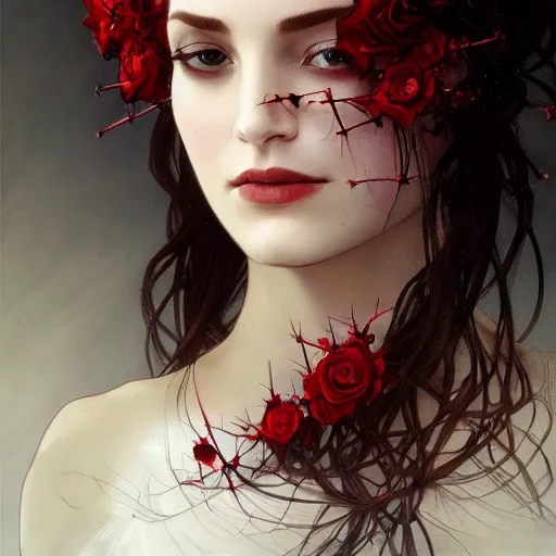 Prompt: portrait of very beautiful vampire, rose thorn crown, thorns everywhere, headshot, pale skin, 4k, rule of thirds, extreme detail, detailed drawing, trending artstation, hd, fantasy, D&D, realistic lighting, by Alphonse Mucha, Greg Rutkowski, sharp focus, backlit, bright white hair, elegant