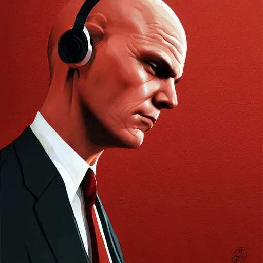 Prompt: a portrait of agent 4 7 from hitman wearing headphones in front of a wall with mounted guns, dark background, red rim light, highly detailed, digital art, artstation, concept art by giger stalenhag