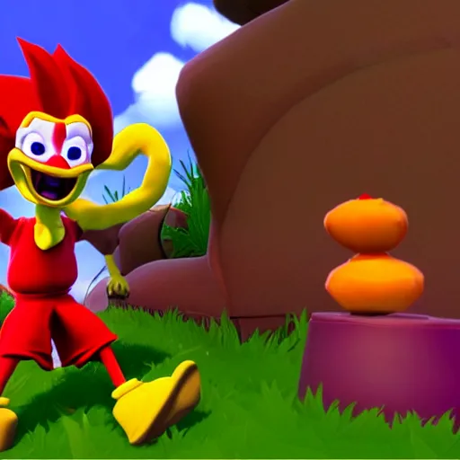 Image similar to image of ronald mcdonald, red afro, red nose and yellow outfit as an enemy in spyro the dragon video game, with low poly playstation 1 graphics, upscaled to high resolution