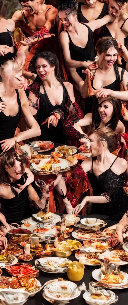 Image similar to an 8 k uhd digital photo of a group of witches dancing and laughing around plates of skin and muscle and blood