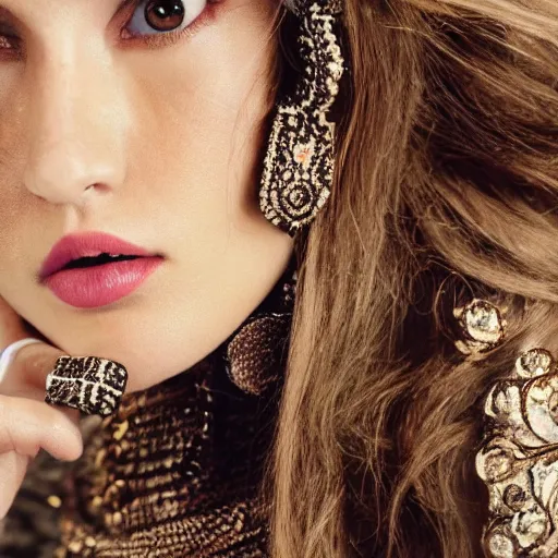 Prompt: close up of face of female fashion model, baroque style, beige colors, official vogue editorial, highly detailed