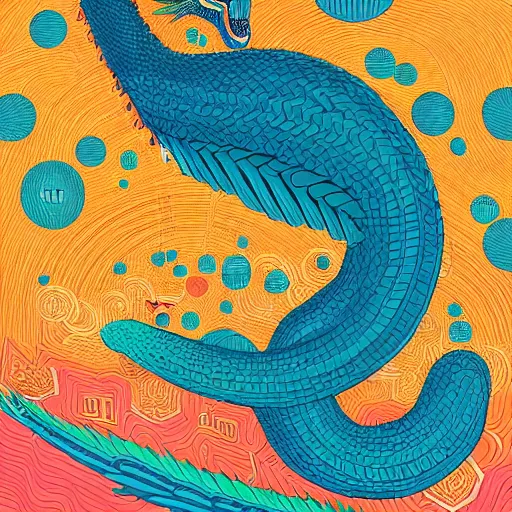 Image similar to illustration of quetzalcoatl, in colors # 1 1 3 4 a 6, # 7 3 c 2 fb, # 6 6 9 3 fs, # 9 8 fb 9 8, # 0 1 7 9 6 f, by studio multi and victo ngai, malika favre