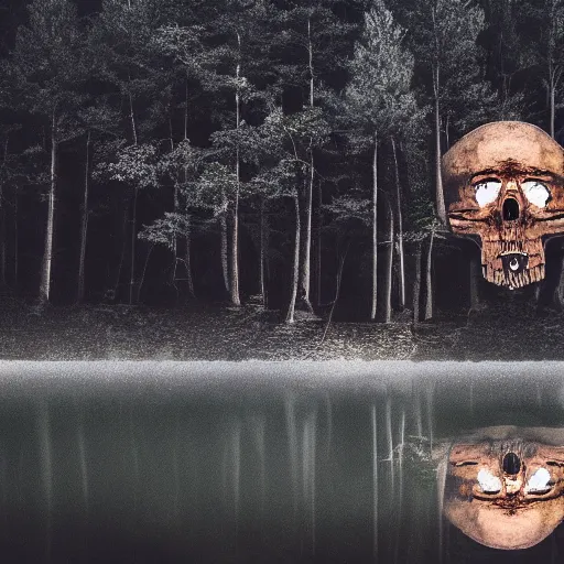 Prompt: a photo of a dream world, forest, river, skull, church, dark lighting