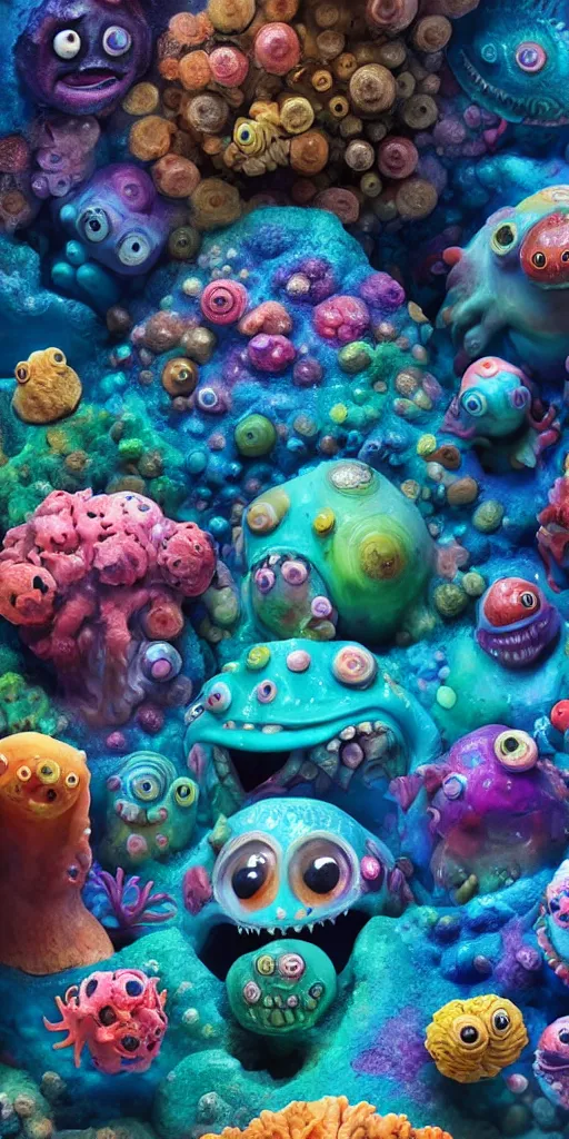 Image similar to of a colorful deep sea cave with strange cute friendly happy creatures with huge eyes, mouth, long tongue and round teeth appearing from sandy coral, in the style of gehry and gaudi, macro lens, shallow depth of field, ultra detailed, digital painting, trending artstation, concept art, illustration, cinematic lighting, photorealism, epic, octane render