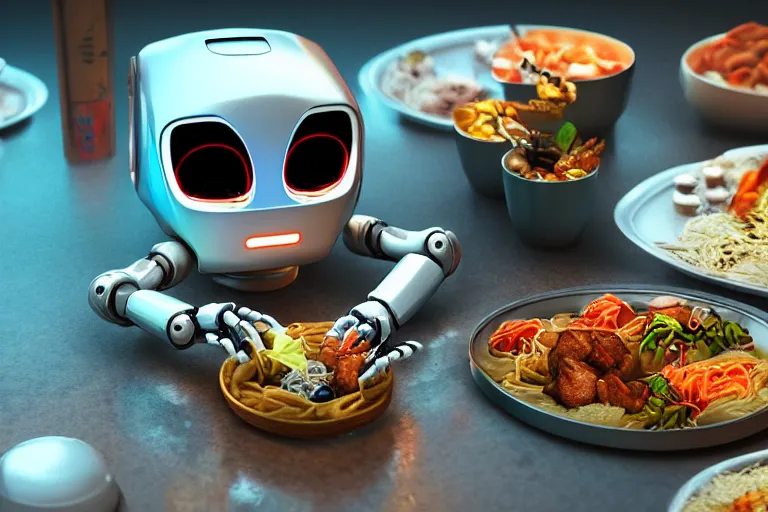 Prompt: a robot is eating an Asian food, 4k, ultra details, cinematic, epic style, beautiful photo, hyper realistic, octane render, unreal engine, award winning, on artstation, volumetric lightning, masterpiece, golden hour,