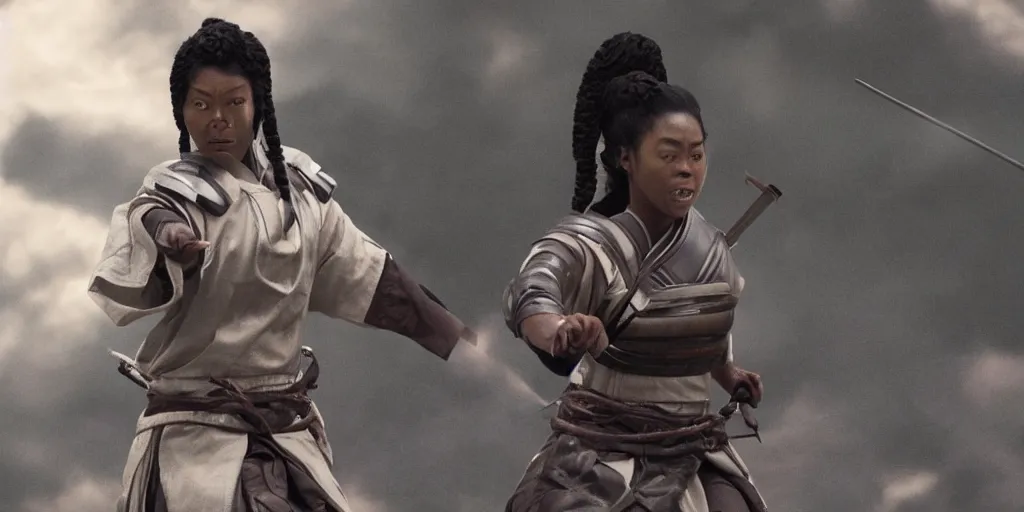 Prompt: a film still of a black woman starring in a japanese blockbuster film as ancient samurai, levitating mid air, intense, shallow depth of field, cinematic, award winning cgi, vfx, film still