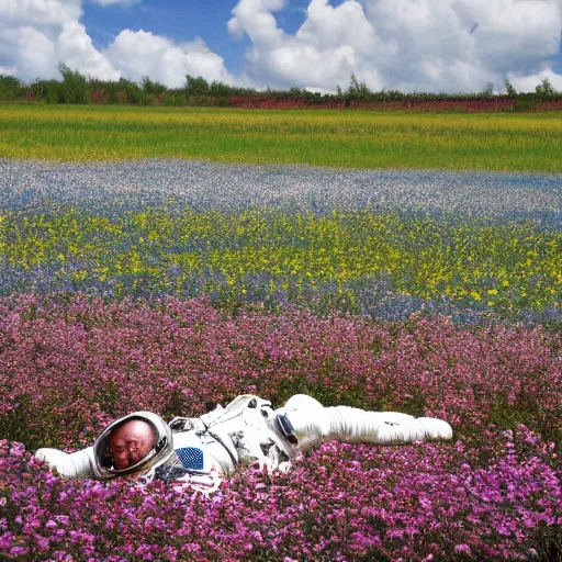 Image similar to an astronaut lying in field of flowers.