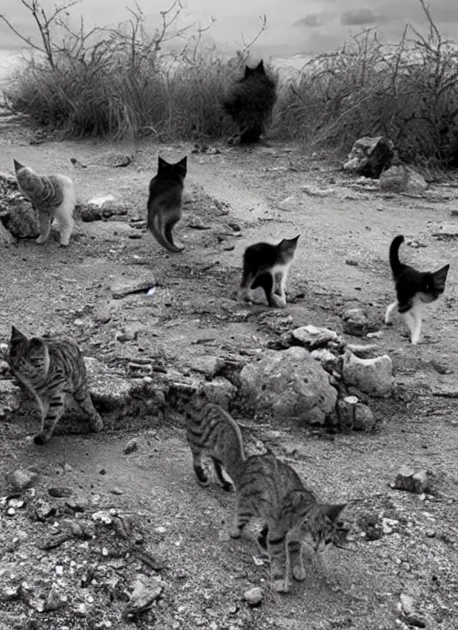 Image similar to cats in a post apocalyptic landscape looking for food