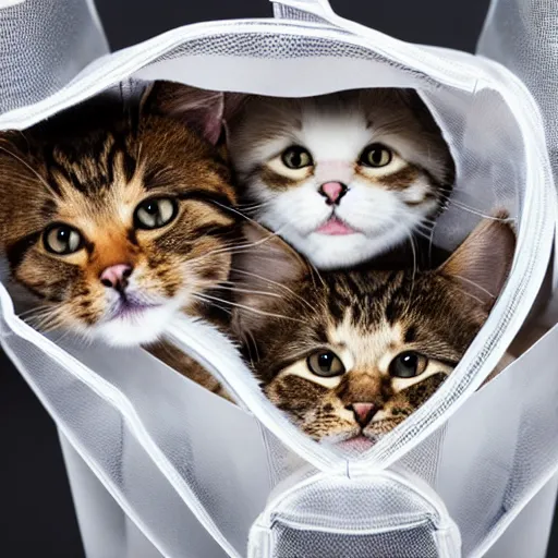 Image similar to a highly detailed photo of multiple furry cats inside a transparent bag, white background, studio lighting, 4 k, 8 k