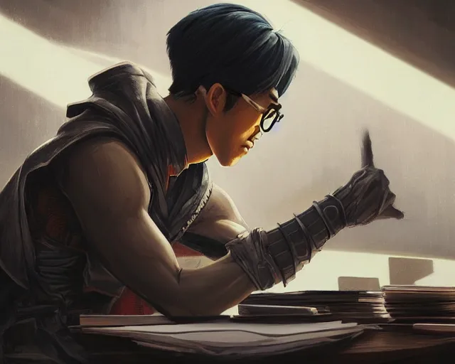 Image similar to an insanely detailed painting of a nerdy asian man wearing a superhero costume, sitting at a desk, staring at the nervously at the computer and typing, in the style of peter mohrbacher, dramatic lighting and composition, surreal background, octane render, pixar, trending on artstation, concept art, comic book, view from behind