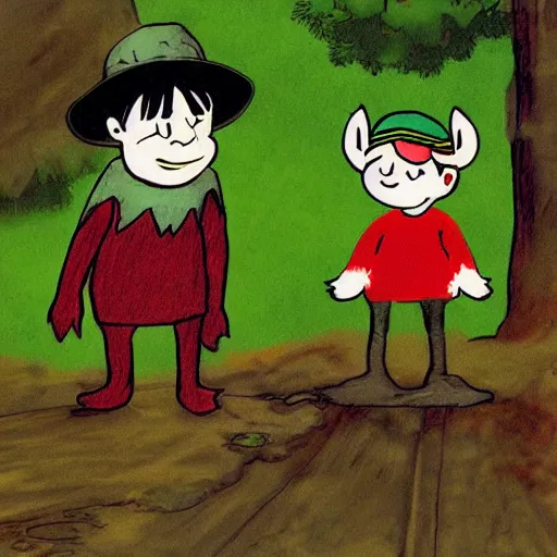 Image similar to digital art, moomin trolls, snufkin as elf