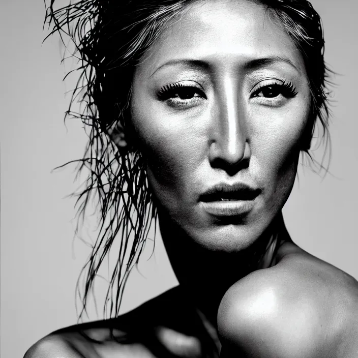 Image similar to photography face portrait on a tropical background of a beautiful woman like dichen lachman, black and white photography portrait, skin grain detail, high fashion, studio lighting film noir style photography, by richard avedon, and paolo roversi, nick knight, hellmut newton,