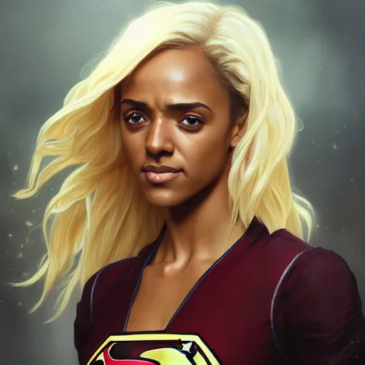 Image similar to Maisie Richardson-Sellers with blonde hair as Super Girl, western, D&D, fantasy, intricate, elegant, highly detailed, digital painting, artstation, concept art, matte, sharp focus, illustration, art by Artgerm and Greg Rutkowski and Alphonse Mucha