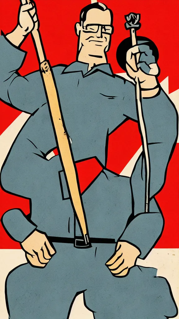 Prompt: Hank Hill holding a hammer and sickle, Soviet propaganda poster, by Mikhail Balhjasnij