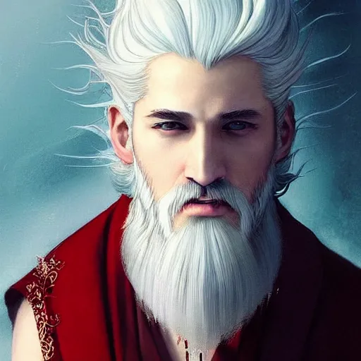 Image similar to white haired robe fu xi full male body portrait, very long white beard and hair, fine delicate prefect face features gaze, aerith gainsborough, elegant, smooth, sharp focus, masterpiece, style of tom bagshaw, cedric peyravernay, peter mohrbacher, victo ngai, pinterest, 4 k hd illustrative wallpaper, animation style, chinese style