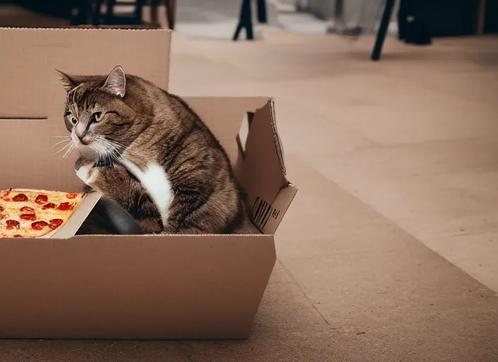 Image similar to photo of a very fat cat chewing pizza inside a cardboard box. nikon d 8 5 0 5 5 mm.