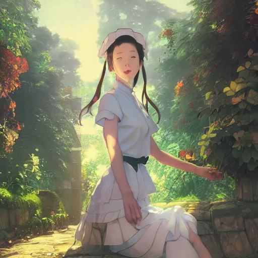 Image similar to a young woman in maid uniform by Stanley Artgerm Lau, WLOP, Rossdraws, Guweiz, Marc Simonetti, Studio Ghibli, krenz cushart, pixiv, background by James Jean and gustav klimt and John Marshall Gamble, 4k, volumetric lighting, french nouveau, trending on artstation, octane render, hyperrealistic