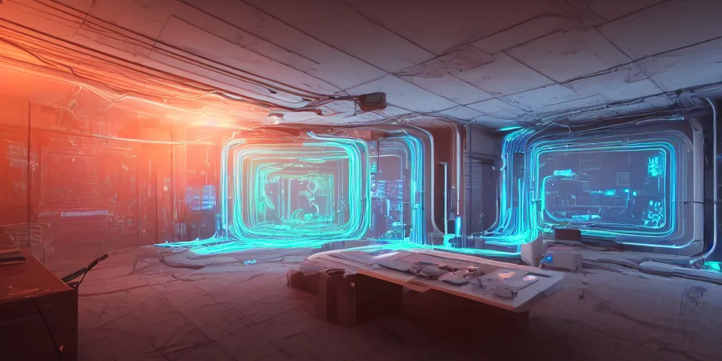 Image similar to a photorealistic futuristic 3D room with four walls covered with glowing CRT computer monitors embedded into the wall surrounded by fuzzy pipe cleaners, Trending on artstation, cinematic lighting from the right, hyper realism, octane render, 8k, depth of field, 3D