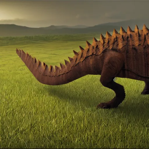 Prompt: A cat that looks like a Stegosaurus, walking through a Jurassic landscape, photorealistic unreal engine render, trending on artstation,