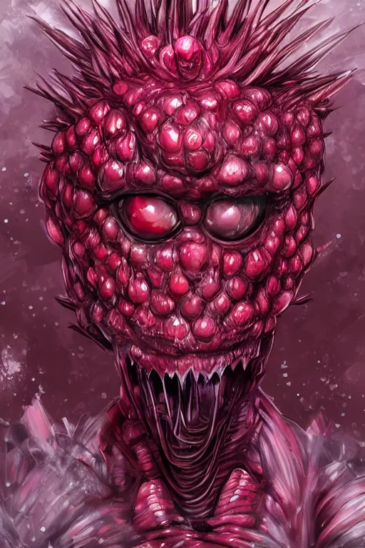 Image similar to a humanoid figure raspberry monster, highly detailed, digital art, sharp focus, trending on art station, anime art style