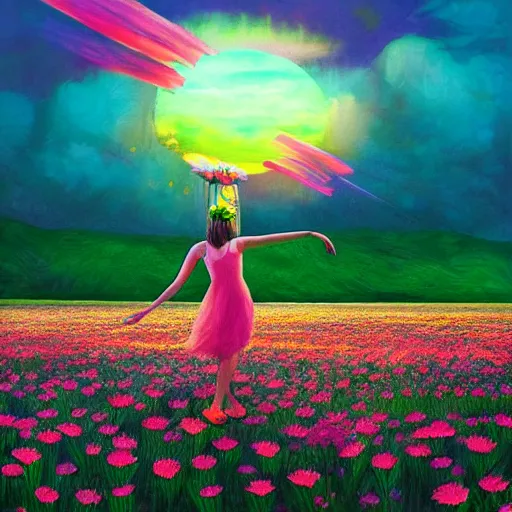 Image similar to giant daisy flower as head, girl dancing in a flower field, surreal photography, sunrise, dramatic light, impressionist painting, colorful clouds, digital painting, artstation, simon stalenhag