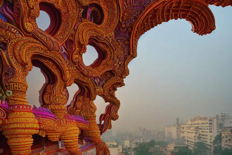 Image similar to beautiful dreamscape! biomorphic new delhi, hanuman!! head building, kalighat, octane sharp cinematic, stephen shore & john j. park, soft morning light, wide shot, high angle, uhd 8 k, shallow depth of field