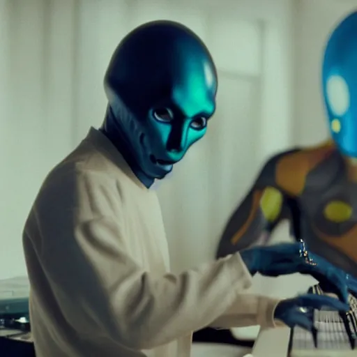 Image similar to cinematic film still of Pharrell Williams Making A Beat with an anthropomorphic alien, Japanese VFX, 2018, 400mm lens, f1.8, shallow depth of field,film photography