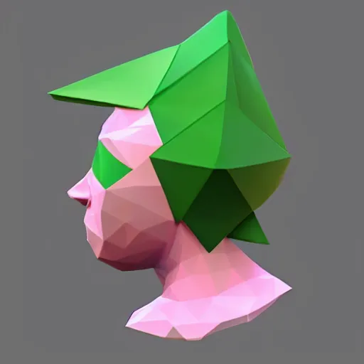 Prompt: low poly video game character with a round pink head, a green mohawk, green eyebrows and a long red pointy nose