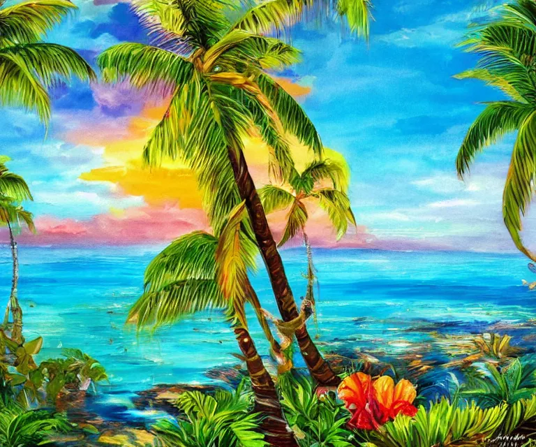 Prompt: a tropical paradise island, sun rise, exotic, water painting, vibrant colors