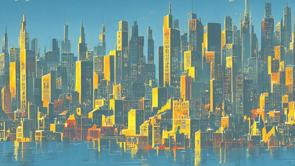 Prompt: city skyline with buildings made of brass instruments, ocean, gouache, ghibli animated film, stylised, illustration, by eyvind earle, scott wills, genndy tartakovski