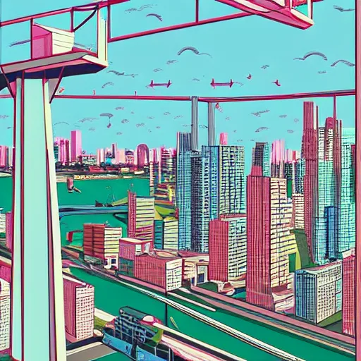 Image similar to retrowave by richard mcguire, by tiago haseltine churning. a mixed mediart of a cityscape. the mixed mediart shows a view from an elevated train line of the city below.