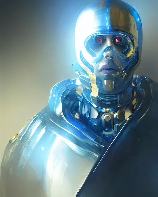 Prompt: detailed portrait of a cyborg, necromancer, benevolant, scifi, futuristic, elegant cape, intelligent, alien room background, white, blue, gold, trending on artstation, soft light, holy machine, advanced technology, art by vitaly bulgarov and nivanh chanthara