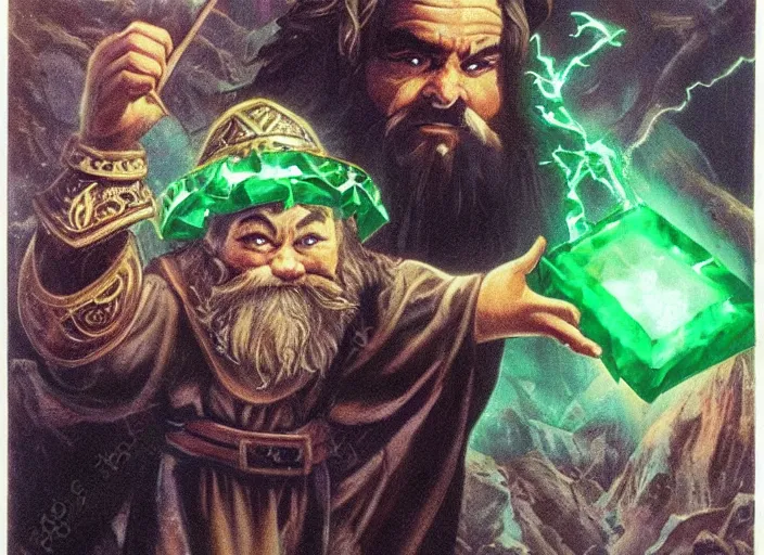 Prompt: a dwarf sorcerer holding a gigantic glowing emerald. dramatic lighting. high fantasy art ( 1 9 8 7 )