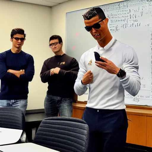 Prompt: cristiano ronaldo wearing glasses teaching advanced calculus in harvard in class