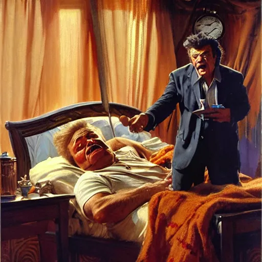 Image similar to peter falk as columbo is in his bed, nervous and terrified, because rip taylor is throwing confetti from a bucket at him. highly detailed painting by gaston bussiere, j. c. leyendecker, greg rutkowski, craig mullins 8 k